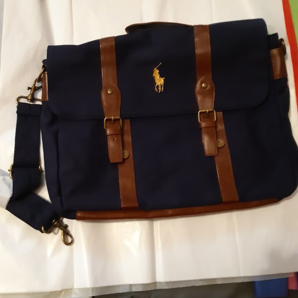 Ralph Lauren Handbags - Ralph Lauren NEW Messenger Bag Navy canvass with brown leather trim